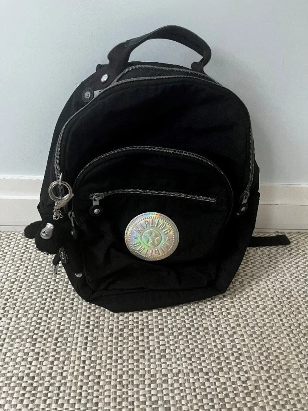Black Kipling Small Backpack 15in Silver Zipper with keychain Barely Used
